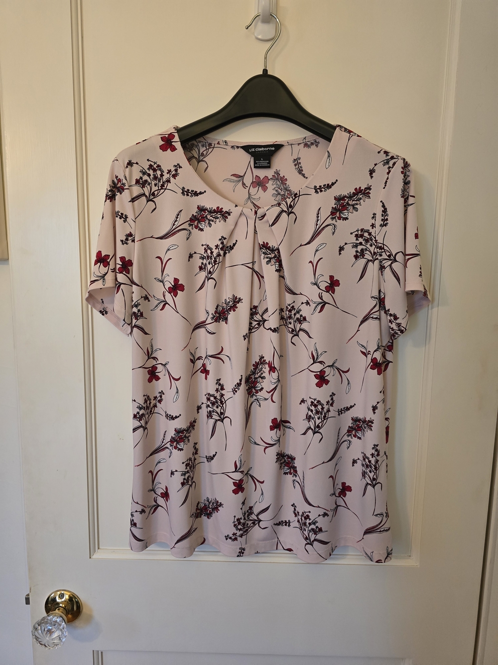 Liz Claiborne Light Pink Floral Short-Sleeve Blouse with Red Accents LARGE